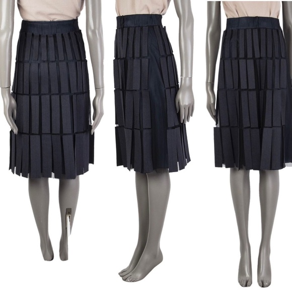 Akris navy blue Mesh-Patchwork Wrap midi Skirt Sz 8